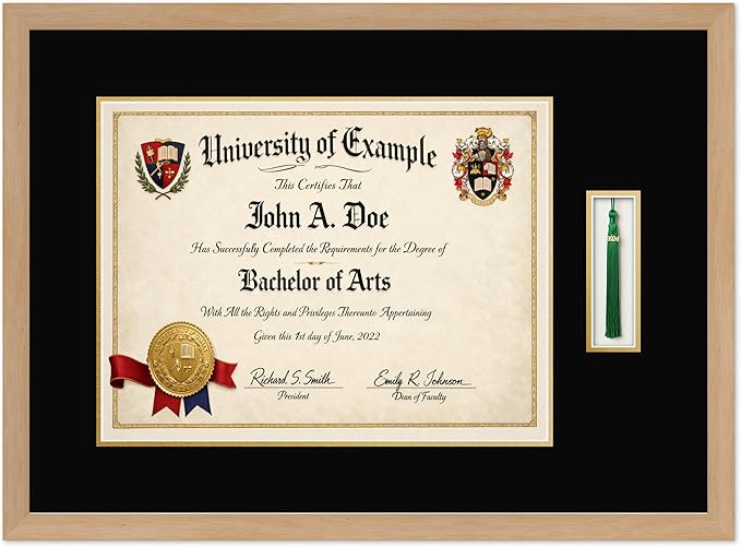 CountryArtHouse Diploma and Tassel Frame Fits 17 x 13 International Diploma with Tassel Hook Natural Wood Genuine Hardwood Shadowbox with Black Over Metallic Gold Double mat