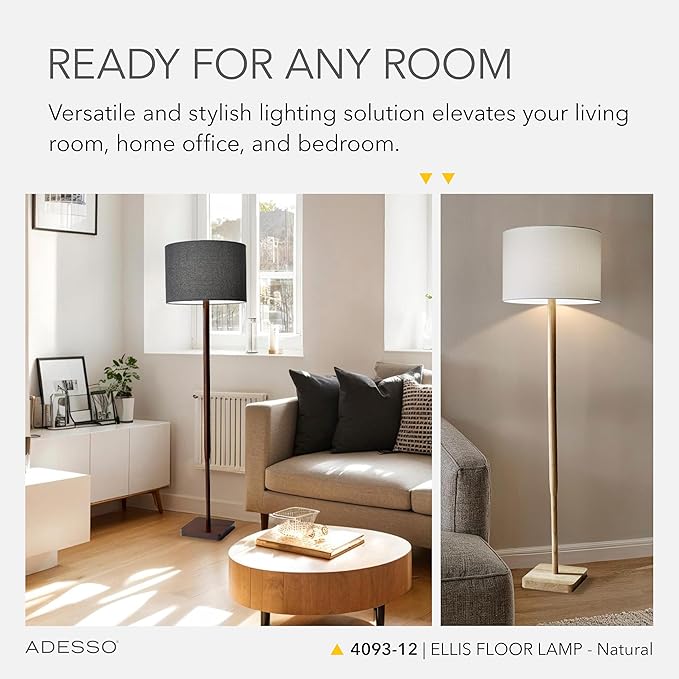 Adesso Floor Lamp with Natural Rubberwood Base and White Linen Lampshade – 3-Way Adjustable Brightness, Lamp for Bedroom, Living Room, and House Décor, 58.5” x 16”