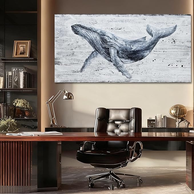 ZUNARE Modern Abstract Whale Canvas Wall Art Deep Blue Ocean Animal Posters Picture Minimalist Nautical Artwork for Living Room Bedroom Office Wall Decor 24x48 inch