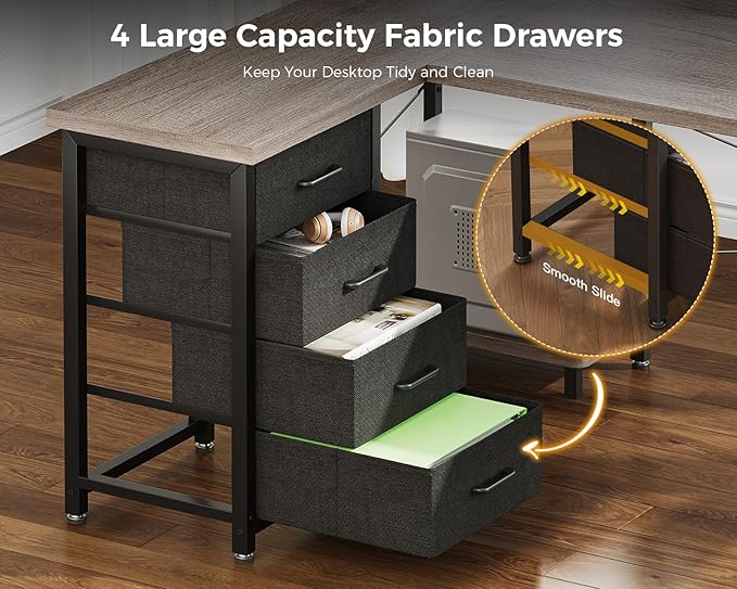 AODK L Shaped Gaming Desk with 4 Drawers, 53" Reversible Home Office Desks with Power Outlets, L Shaped Computer Desk with USB Charging Port and Host Stand, Corner Desk, Easy to Assemble, Grey