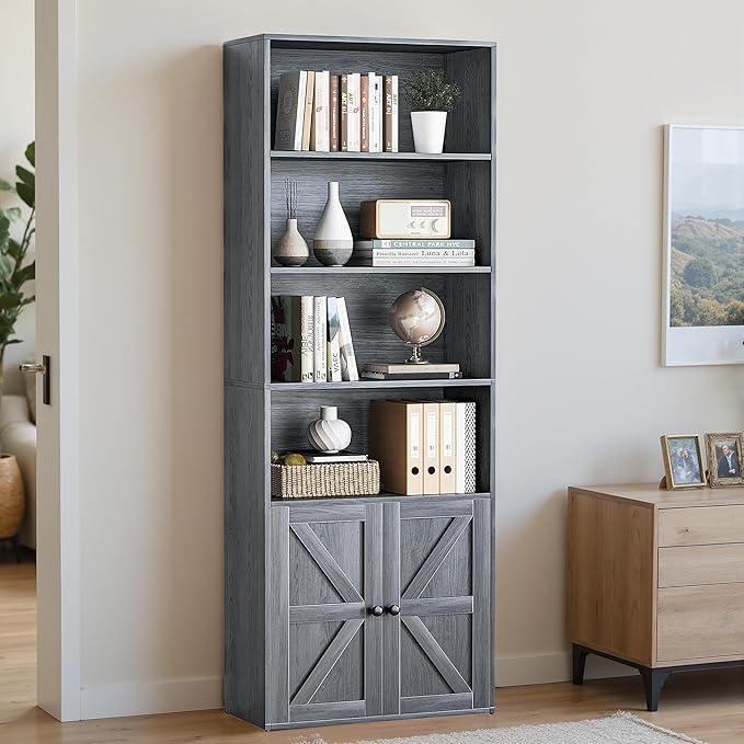 YESHOMY 71.5" Tall Bookshelf and Bookcase, Industrial Bookshelves and Bookcases with Doors, 4-Tier Floor Standing Tall Display Storage Cabinet with Doors for Home Office, Living Room, Gray, 2 PCS