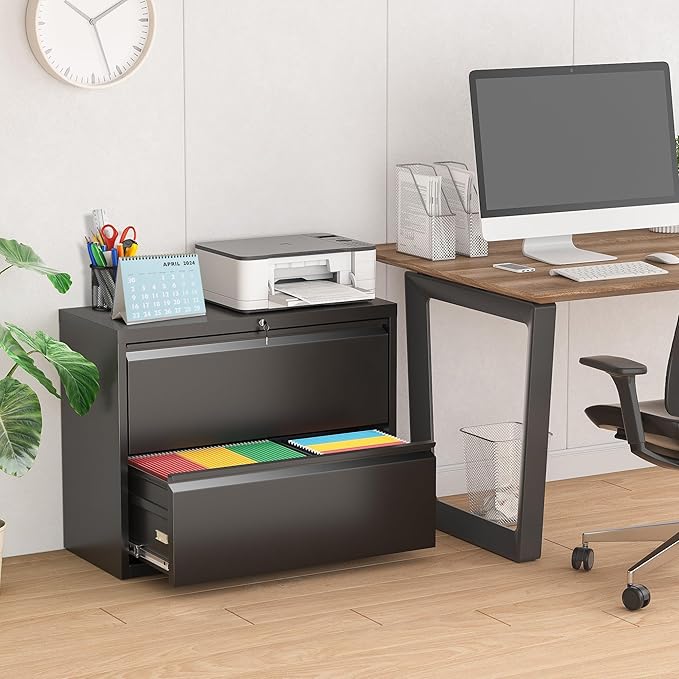 Pataku Lateral File Cabinet, 2 Drawer File Cabinet with Lock, Black Filing Cabinets for Home Office, Metal File Cabinet for Hanging Files/Letters/Legal/F4/A4