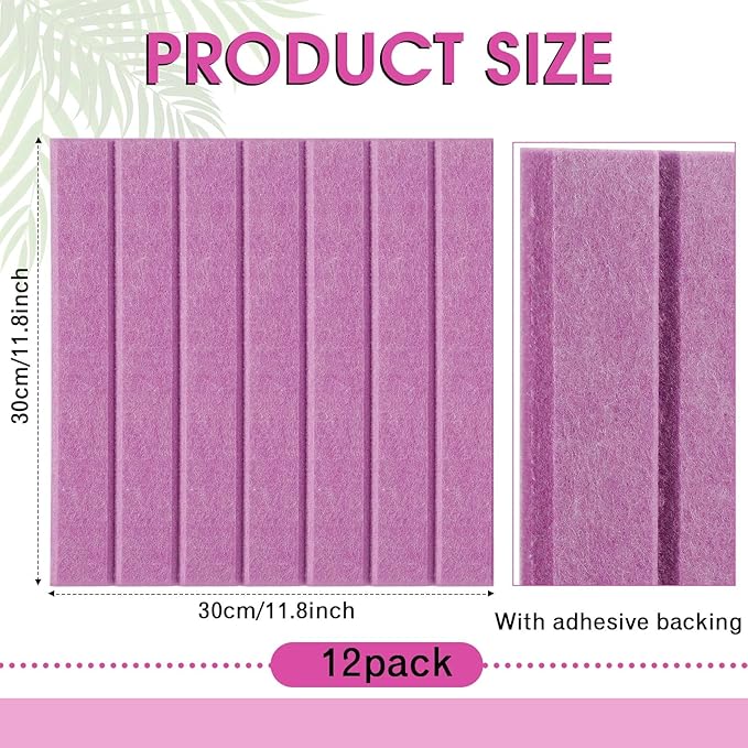 Honoson 12 Pack 47" x 35" Large Cork Board Alternative Felt Bulletin Board Wall Tiles with Safe Square Adhesive Large Roll Cork Tiles for Walls Organize Home Office Classroom Pin Panels(Purple)