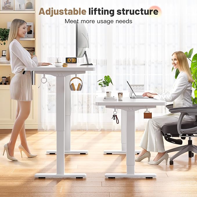 EnHomee Electric Standing Desk with LED Lights,Computer Desk 56 x 24 Inch Height Adjustable with 3 Memory Preset,Gaming Sit Stand Desk with Storage Side Pocket and Cable Management,White