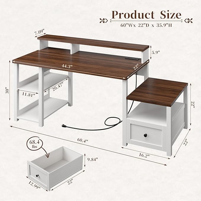 EnHomee 60.4" Computer Desk with Drawer & Power Outlet, Gaming Desk with LED Light, Farmhouse Desk Study Desk with Monitor Stand, Home Office Desk, Work Desk for Bedroom, Study Room, White