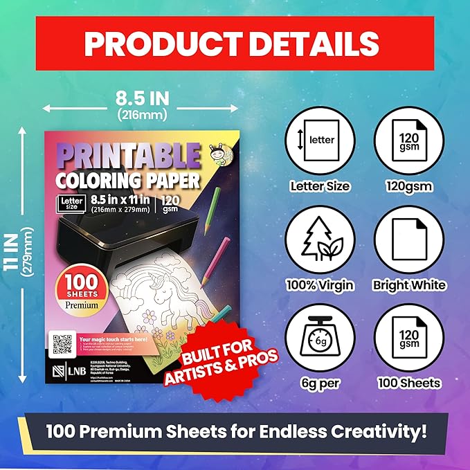 HASHI Printable Coloring and Drawing Paper - 120 GSM (32lb) Heavyweight, 100 Sheets Letter Size 8.5 x 11, No-Bleed Artist Paper for Markers, Watercolor, and AI Coloring, Inkjet and Laser Compatible