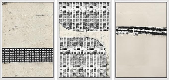 SIGNWIN Framed Canvas Print Wall Art Set Black Tan Grunge Grid Polygon Pattern Abstract Shapes Cozy Neutral Decorative Contemporary Minimal for Living Room, Bedroom, Office - 16"x24"x3 White