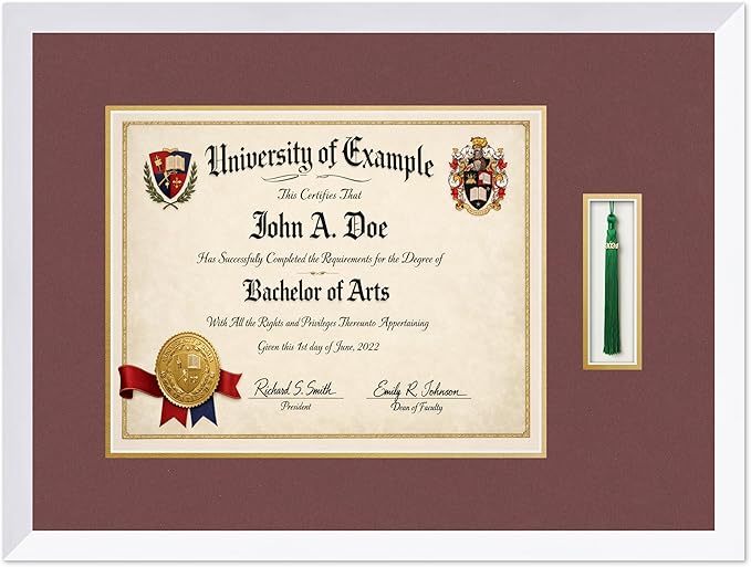 CountryArtHouse Diploma and Tassel Frame Fits 15 x 12 Military/Government with Tassel Hook Bright White Genuine Hardwood Shadowbox with Dark Red Over Metallic Gold Double mat