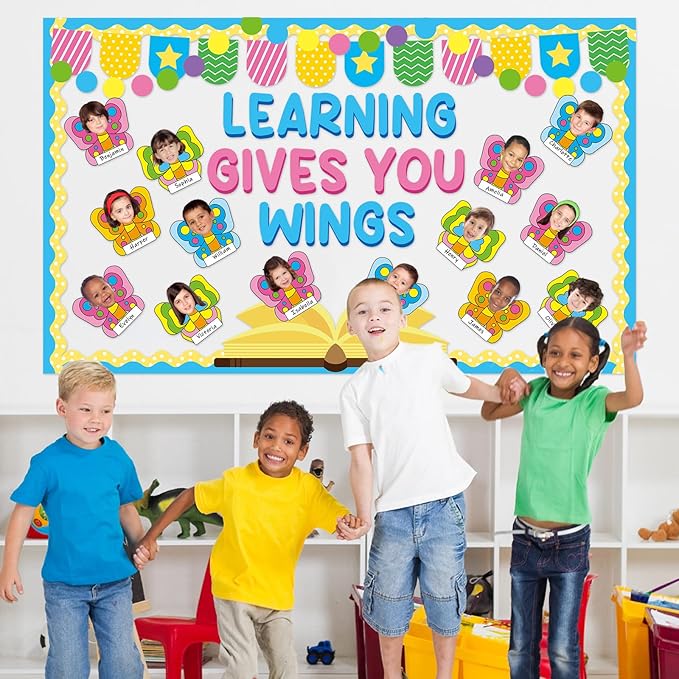 Learning Gives You Wings Bulletin Board Decorations Set Classroom Summer Butterfly Name Tags DIY Photo Cutouts Back to School Positive VBS Bulletin Board Decor for Teacher Nursery Chalkboard Wall
