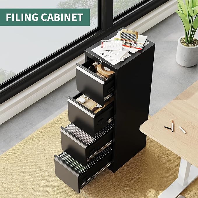 4 Drawer File Cabinet with Lock,Heavy Duty File Storage Cabine,Metal Vertical File Cabinet Office Home Vertical File Cabinet for A4 Legal/Letter Size Narrow File Cabinet Locked