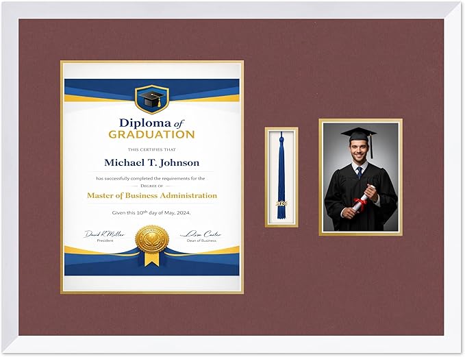 Diploma Tassel and Photo Frame Bright White Shadowbox Dark Red Over Gold Mat - Fits 11 x 14 Degree Picture Made in the USA