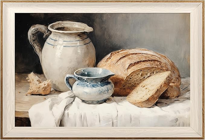ASTRDECOR Framed Kitchen Wall Art, Modern Muted Still Life Painting Farmhouse Wall Decor, Sourdough Bread Canvas Art Prints, Rustic Jars White Tablecloth Country Wall Decor Living Room-16''x 24''