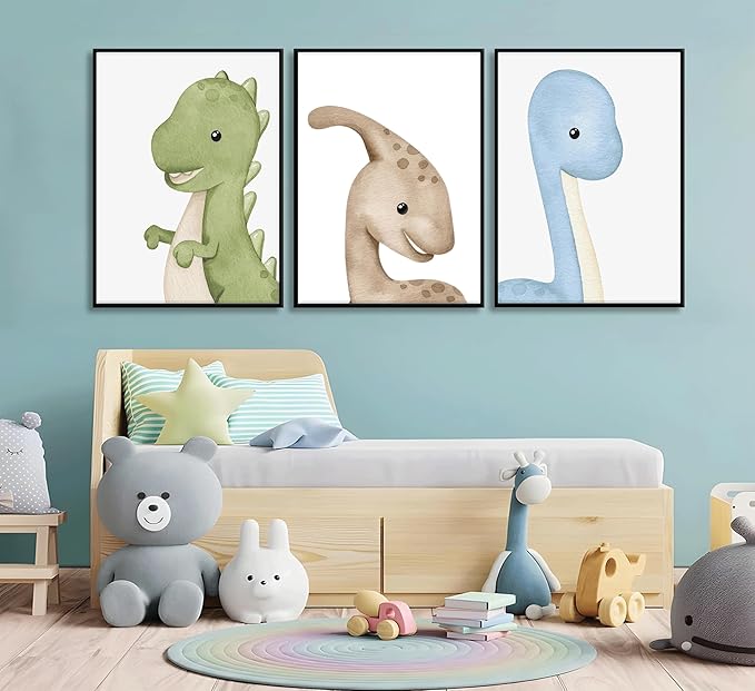 XXOUYLQ 3Pcs Watercolor Dinosaur Wall Art Kids Boys Room Canvas Wall Decor neutral dino Painting nursery Prints Funny Animals Plants Poster for Boys or Girls Bedroom unframed