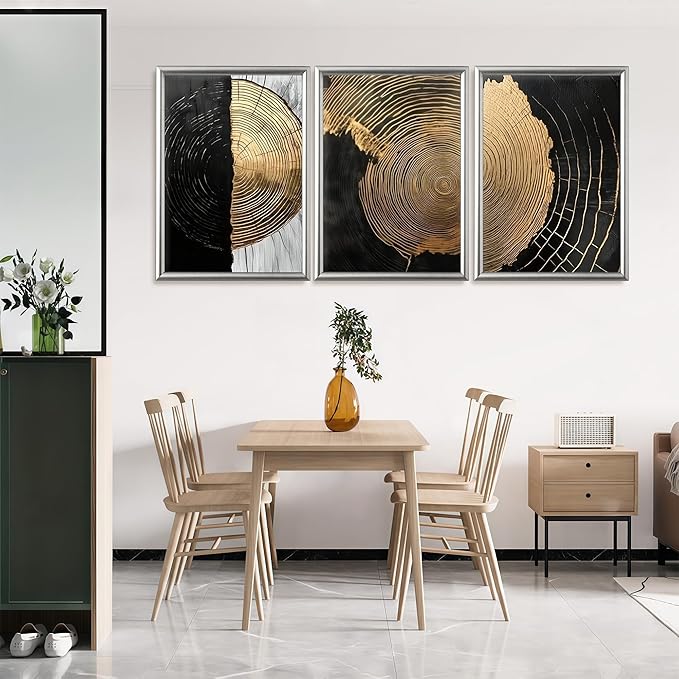3Pcs Minimalist Abstract Black Golden Wall Art Vintage Tree Ring Wall Decor Pictures Modern Rustic Canvas Posters Prints for Living Room Office Hallway Home Decoration 12x16in Unframed