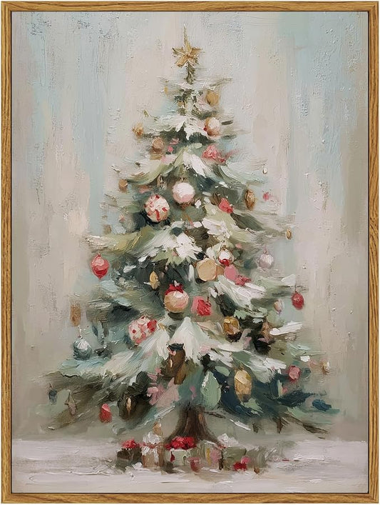 ARPEOTCY Framed Canvas Wall Art, 12x16 Inch Vintage Christmas Tree Print, Holiday Oil Painting Wall Decor for Living Room, Fireplace, or Festive Home Decoration