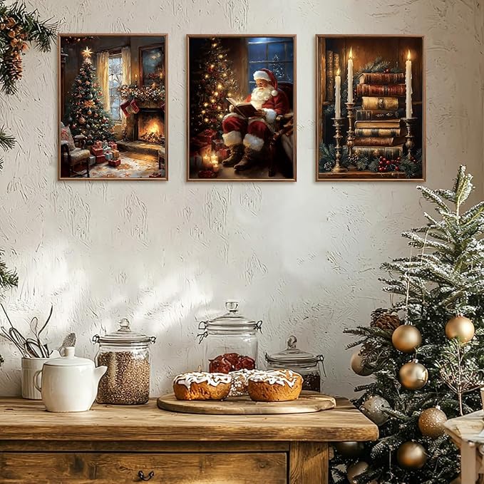 Christmas Canvas Wall Art Vintage Christmas Wall Decor Satan Framed Claus Paintings 12x16 Inches Set of 3 for Living Room Bedroom