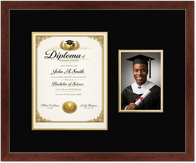 CountryArtHouse Fits 8.5 x 11 Certificate (Portrait) and 5 x 7 Photo Diploma and Photo Frame Rustic Walnut Genuine Hardwood with Black Over Metallic Gold Double mat