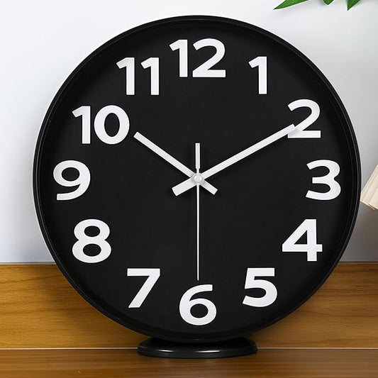 45MinST 12 Inch 3D Number Dial Face Modern Indoor Outdoor Clock, Silent Non-Ticking Round Home Decor Wall Clock with Arabic Numerals (Black)
