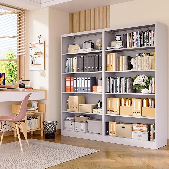 Bookcase, 5 Tier Bookshelves, 14" Deep Book Case for Book/Decor/CD/Movie, Metal Adjustable Book Shelf, 66" Tall Modern Bookshelf for Bedroom Living Room Home Office School (White, 66"Hx33"Wx14"D)