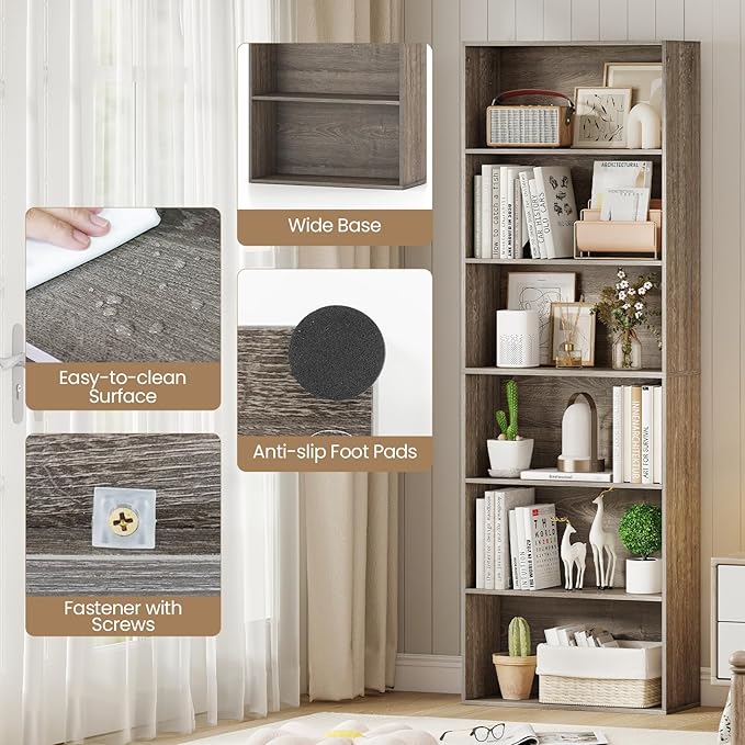 Giantex 6-Tier Bookcase, 70" Tall Wooden Bookshelf, Freestanding Storage Organizer w/Open Shelves, Anti-Tipping Kits, Modern Floor Standing Display Shelves for Living Room, Bedroom,Grey