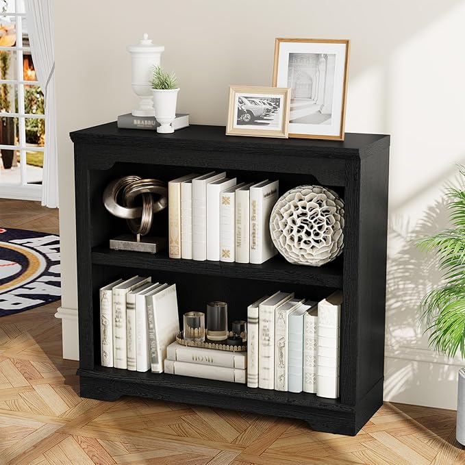 HIFYOBRO 2 Tier Bookshelf, 31.5" Wide Wooden Bookcase, 25.8" Tall Book Shelf, Freestanding Open Display Storage Bookshelves for Study Room, Home Office, Living Room (Black, 2-Shelf)