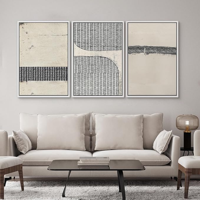 SIGNWIN Framed Canvas Print Wall Art Set Black Tan Grunge Grid Polygon Pattern Abstract Shapes Cozy Neutral Decorative Contemporary Minimal for Living Room, Bedroom, Office - 24"x36"x3 White
