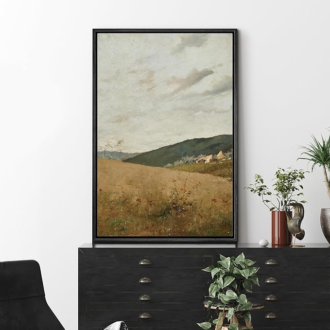 MUDECOR Framed Canvas Print Wall Art Autumn Field Landscape Illustrations Minimalism Decorative Relax Colorful for Living Room, Bedroom, Office - 16"x24" Black