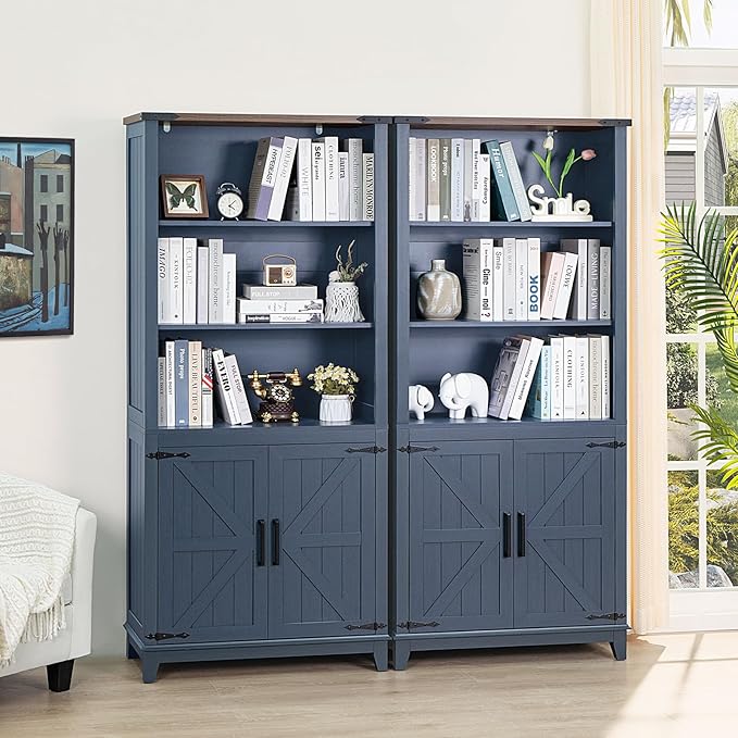 70in Tall Bookshelf 5 Tier Bookcase with Barn Doors and Adjustable Shelves, Blue Farmhouse Book Shelf with Storage Cabinet, Wood Freestanding Display Bookshelves for Bedroom, Living Room | Bookcase, Barn Doors, Adjustable Shelves, Book Shelf, Storage C...