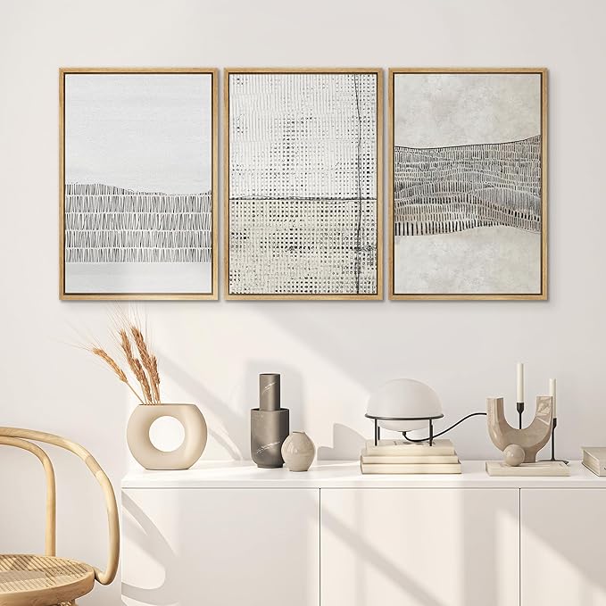 SIGNWIN Framed Canvas Print Wall Art Set Grunge Black Tan Line Art Landscape Abstract Shapes Cozy Neutral Decorative Contemporary Minimal for Living Room, Bedroom, Office - 24"x36"x3 Natural