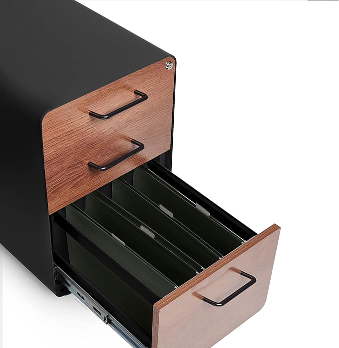 Poppin Stow 3-Drawer File Cabinet - Black + Walnut, 2 Utility Drawers and 1 Hanging File Drawer, Fully Painted Inside and Out, Powder-Coated Steel, Two Keys Included, Stationary