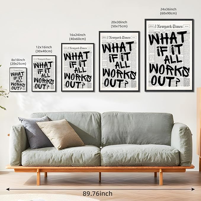 What If It All Works Out Wall Art Retro Black and White Newspaper Motivational Poster Positive Affirming Quote Minimalist Canvas Print for Bedroom Living Room Home Decor 8x12inch Black Framed