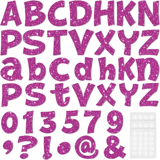 Colarr 216 Pcs Glitter Bulletin Board Letters for Classroom Number Alphabet Punctuation Symbol Cutout 4'' Die-Cut Poster Letter with Adhesive Dot School Party Holiday Decor Display(Purple)