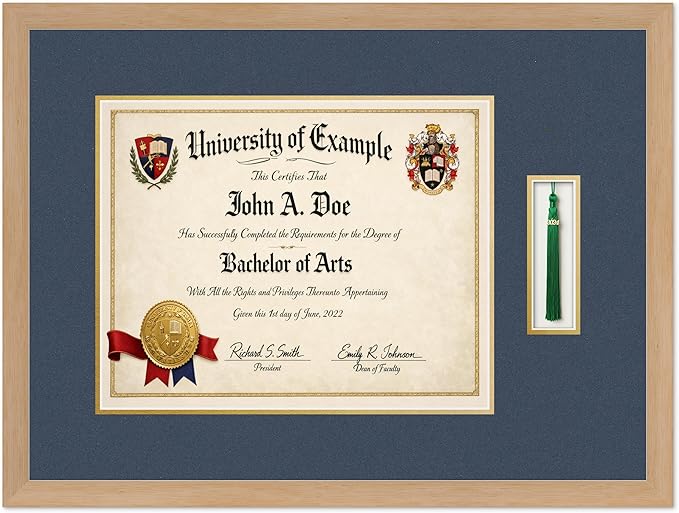 CountryArtHouse Diploma and Tassel Frame Fits 15 x 12 Military/Government with Tassel Hook Natural Wood Genuine Hardwood Shadowbox with Navy Blue Over Metallic Gold Double mat