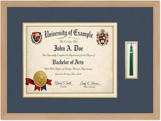 CountryArtHouse Diploma and Tassel Frame Fits 15 x 12 Military/Government with Tassel Hook Natural Wood Genuine Hardwood Shadowbox with Navy Blue Over Metallic Gold Double mat