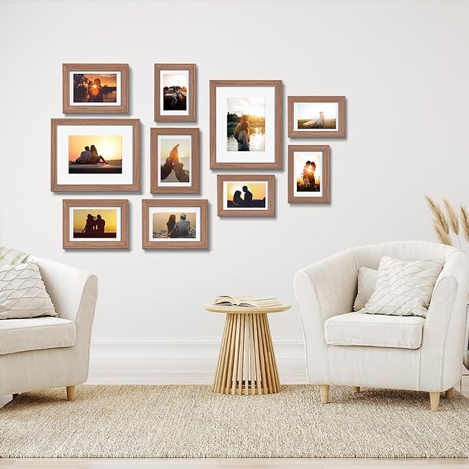 Picture Frames, Made of Real Glass and Wooden Frame, Gallery Photo Frames Set of 10 for Collage Wall Decor, Multi Sizes Including 8x10, 5x7, 4x6 for Mounting or Tabletop Display, Light Brown
