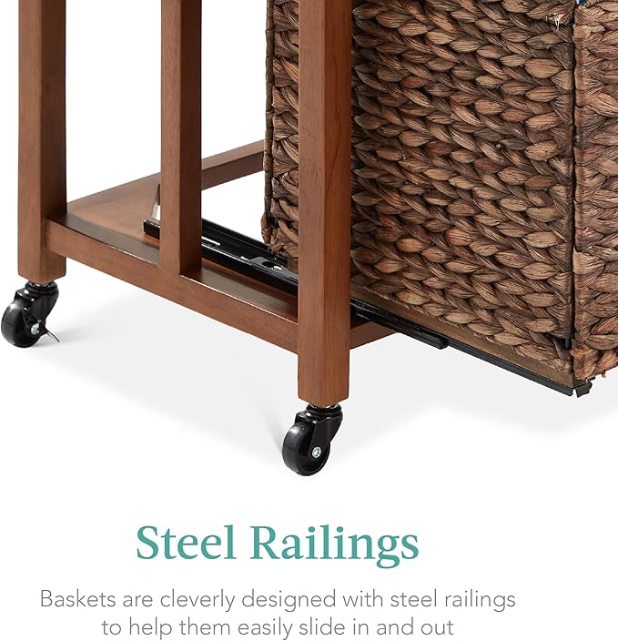 Best Choice Products Vertical Rolling File Cabinet, Multipurpose Portable Water Hyacinth Basket Organizer for Home Office, Workspace w/Rubberwood Frame, Metal Sliders, Locking Caster Wheels - Mocha
