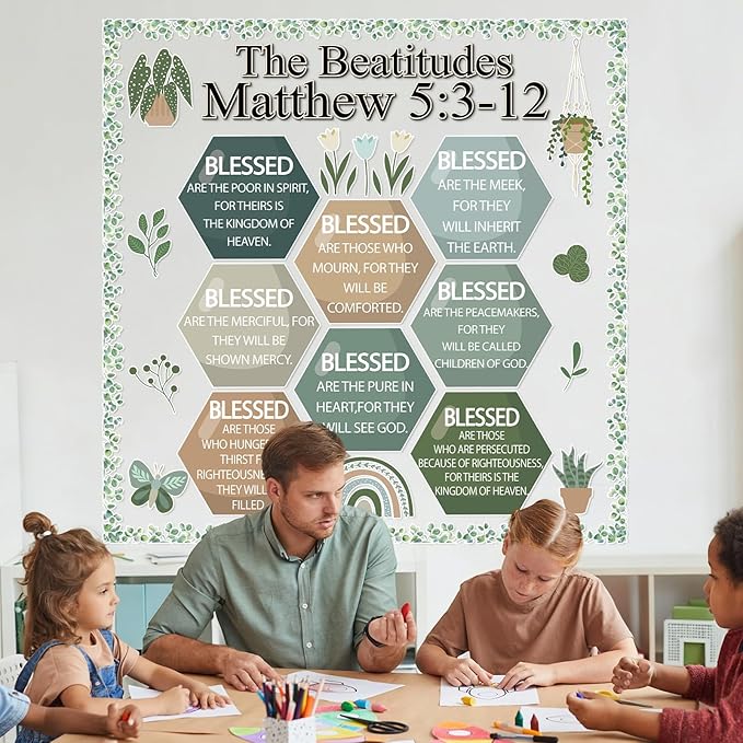 Christian Bulletin Board Decoration The Beatitudes Matthew 5:3-12 Classroom Decoration Motivational Bible Verse Paper Cutouts for Back to School Sunday School Church Parish Decor（Greenery）