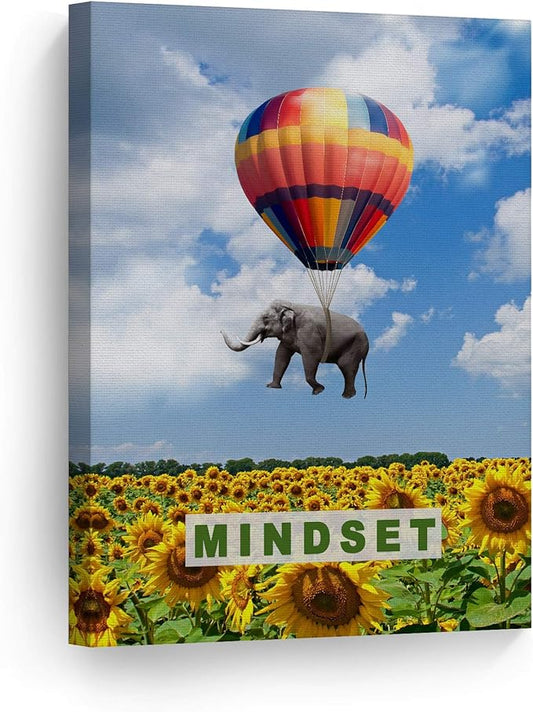 Smile Art Design Mindset Elephant with Balloon Sunflower Field Motivational Wall Art Canvas Print Inspirational Wall Art Entrepreneur Quote Canvas Print Modern Office Decor Gift Ready to Hang 28x19