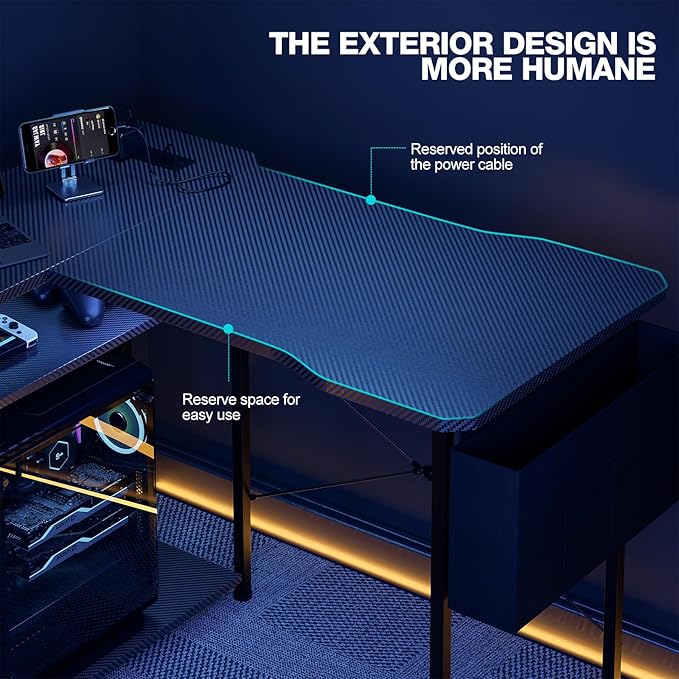 L Shaped Gaming Desk 55 Inch - Computer Corner Desk with Power Outlets, Reversible Shelves & Storage Bag for Home Office, PC Gaming Table, Black Carbon