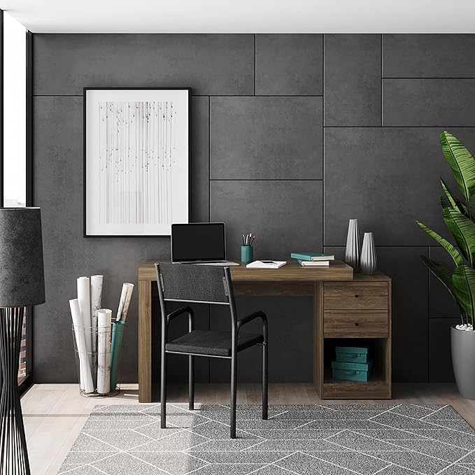 Expandable Desk with Storage Drawers & Open Shelf - Expands from 47 Inch to 57 Inch - Walnut Computer Desk with Printer Space - Modern Home Office Table with Drawers - Techni Mobili Blanco Collection