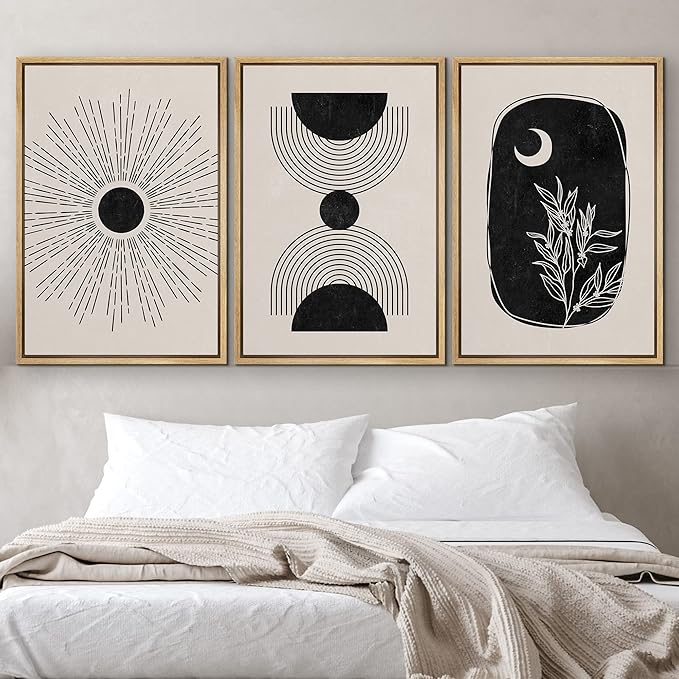 IDEA4WALL Framed Canvas Print Wall Art Set Geometric Shining Sun Crescent Moon Tree Polygons Abstract Shapes Illustrations Modern Art Nordic for Living Room, Bedroom, Office - 16"x24"x3 Natural