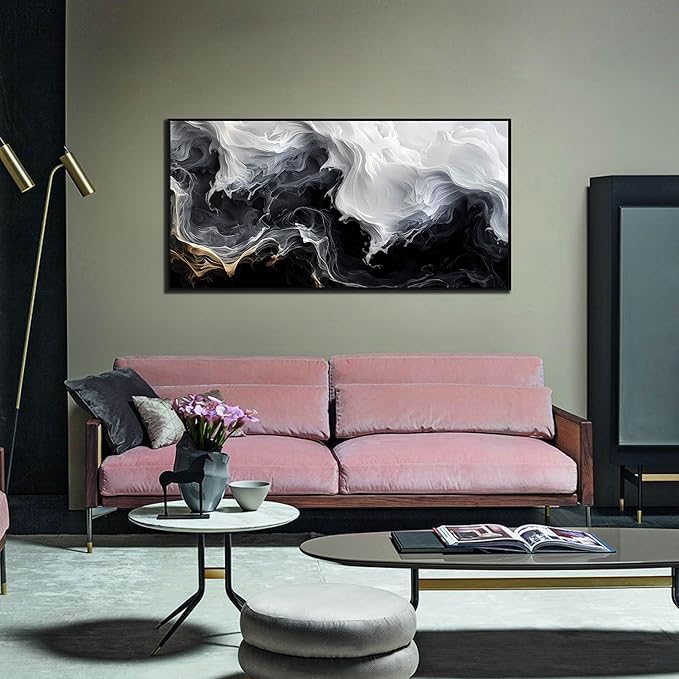AOZEMI White Wall Art Black Pictures Art Abstract Wall Decor for Bedroom Office Modern Foggy Artwork 24"x 48"
