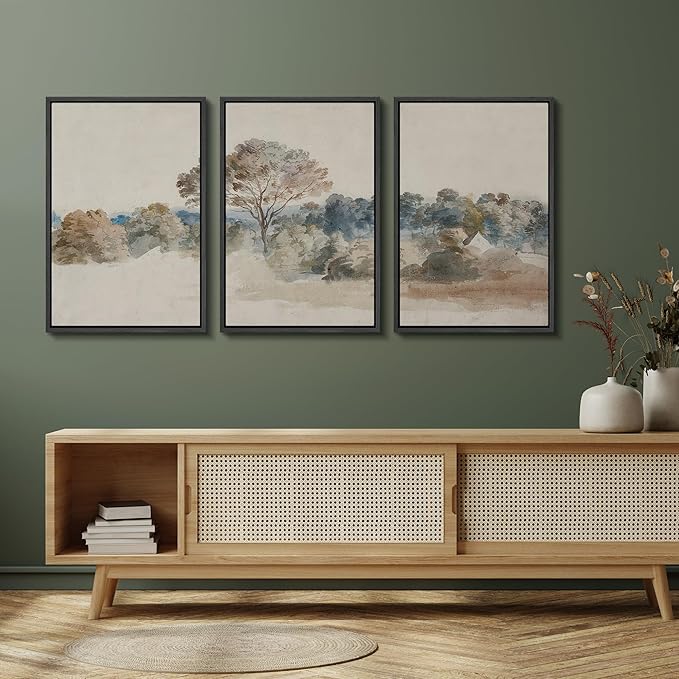 SIGNFORD Framed Wall Art Print Set Pastoral Elegance Soft Watercolor Trees and Fields Illustrations Modern Decorative Multicolor Relax/Calm Chic for Living Room, Bedroom, Office - 24"x36"x3 Black