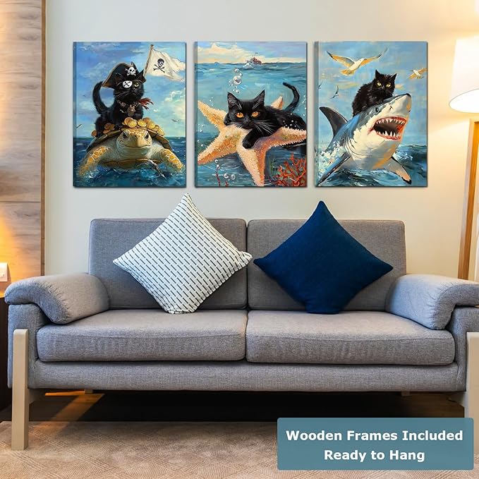 Framed Black Cat Wall Art, Ocean wall art, Funny Cat Shark Turtle Starfish Pictures Canvas Wall Decor for Bedroom Living Room Bathroom(Framed, 12x16in, Set of 3)