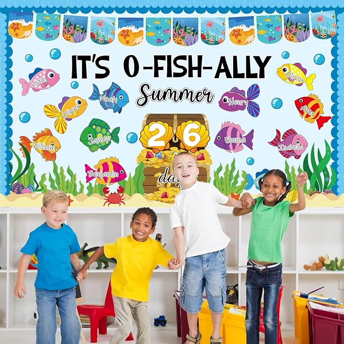 Summer Ocean Count Down Bulletin Board Decorations O-Fish-Ally Summer Days Paper Cutouts End of Year Tropical Marine Fish Bulletin Board Set for Classroom School Home Wall Decor Supplies