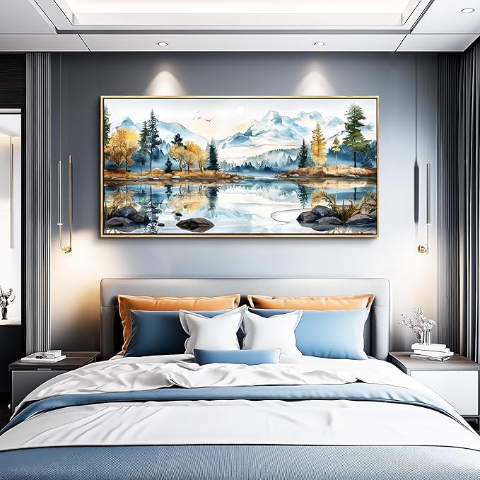 ERQINHUA Wall Art Living Room Canvas Wall Decor for Bedroom Modern Office Decoration Abstract Watercolour Painting Tree Lakeside Landscapes Wall Printed Paint Home Decor Poster Wood Framed 20x40 In