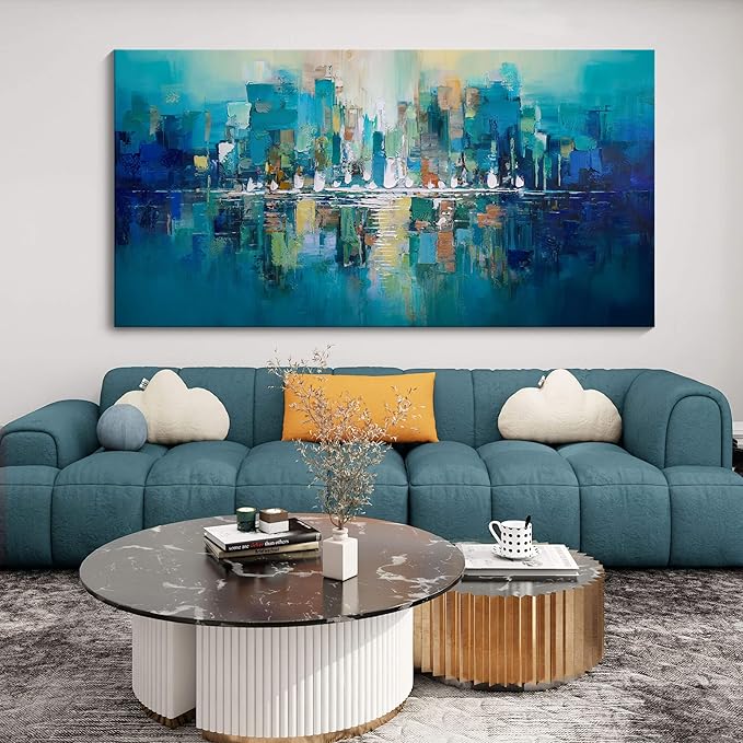 YDYSUNE Abstract Wall Art - Teal Canvas Wall Decor City Picture,Large Modern Artwork for Living Room Bedroom Office Decoration Green Home Decor Painting Size 24X48inch