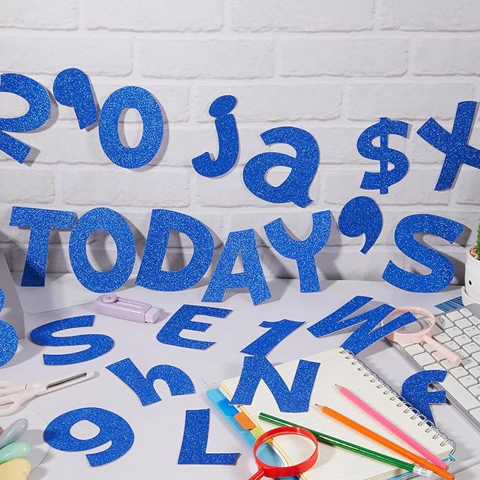 Colarr 216 Pcs Glitter Bulletin Board Letters for Classroom Number Alphabet Punctuation Symbol Cutout 4'' Die-Cut Poster Letter with Adhesive Dot School Party Holiday Decor Display(Blue)