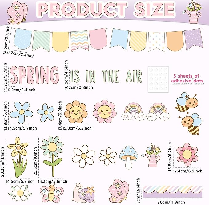 Spring Bulletin Board Decorations Set Spring is in The Air Bulletin Boarder Pastel Flower Butterfly Rainbow Paper Cutouts for Holiday School Classroom Home Office Chalkboard Window Wall Party Decor