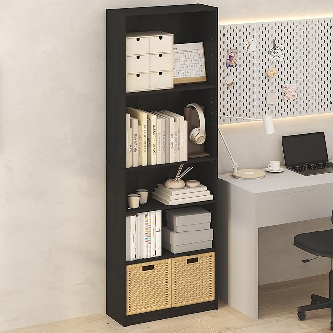 Furinno Jaya Simply Book Shelf, 5-Tier Bookshelf, Bookcase with Adjustable Shelves, 9.5 x 24.5 x 71.2, for Living Room, Bedroom, Home Office, Darkwood